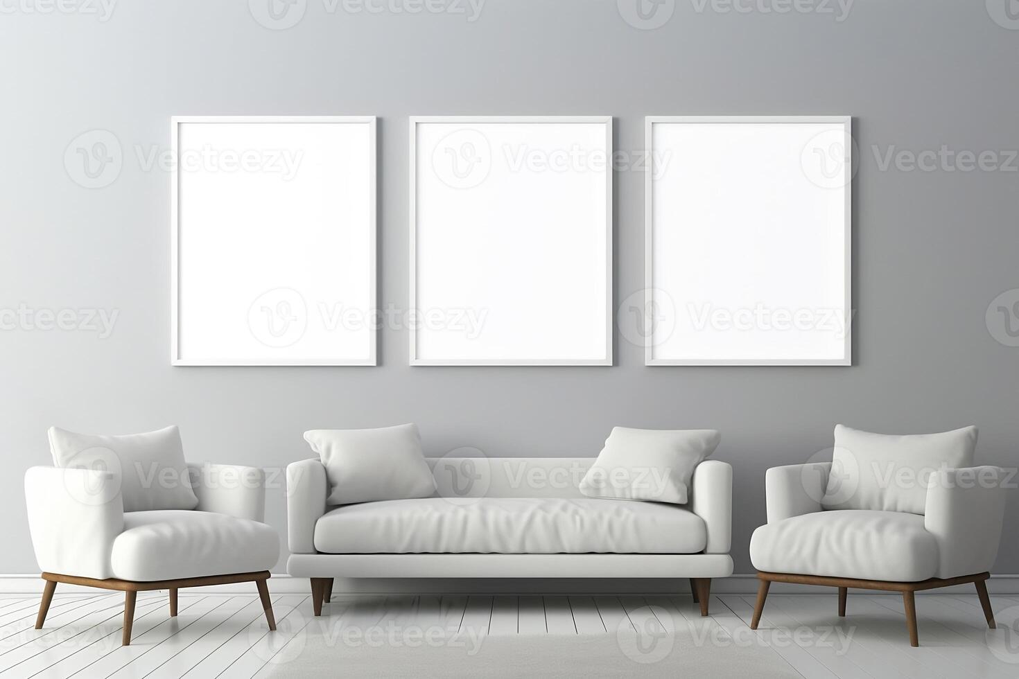 Living room with a sofa and a mock-up of white frames on the wall. photo