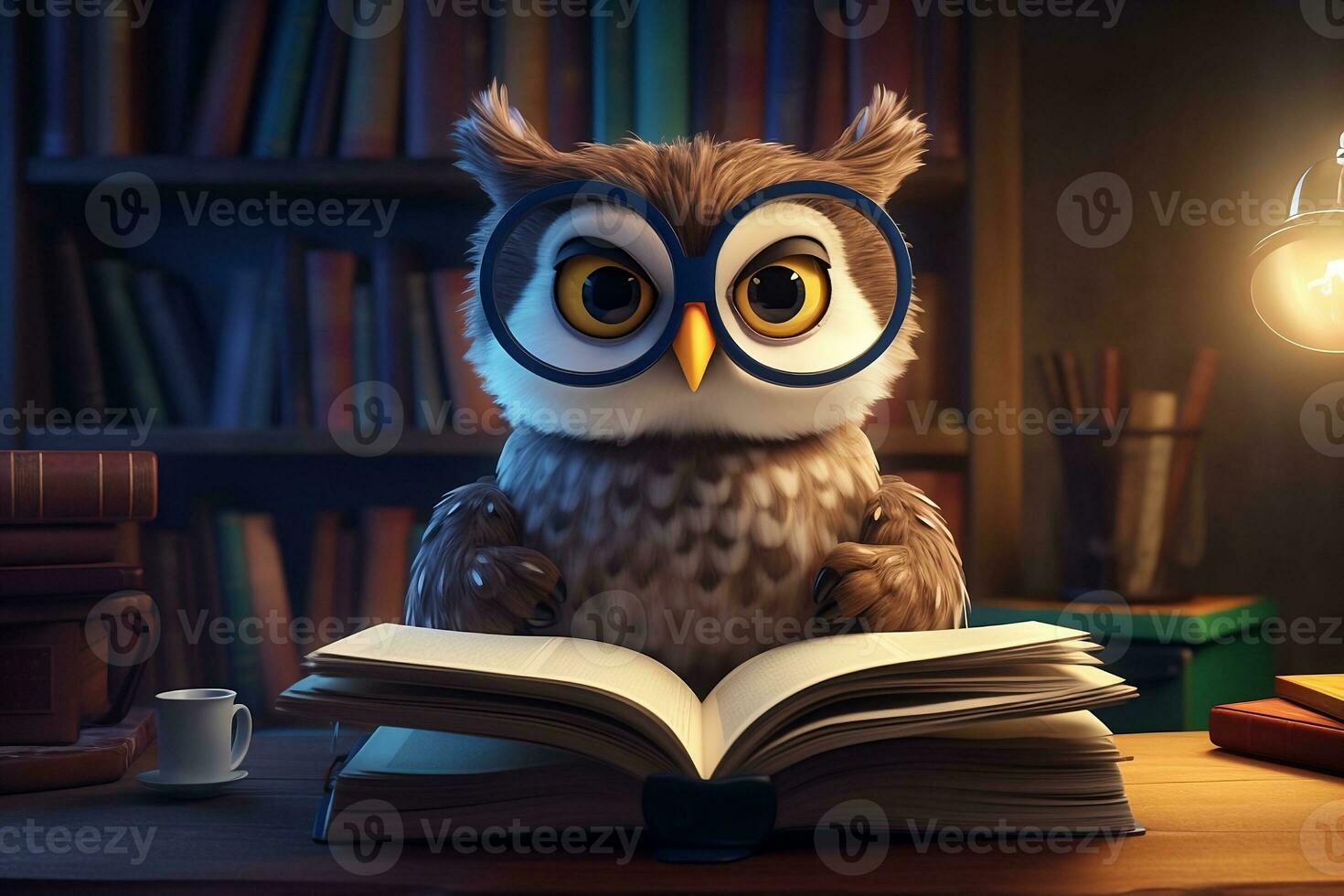 An owl with glasses is sitting in the library with a book. AI Generated photo