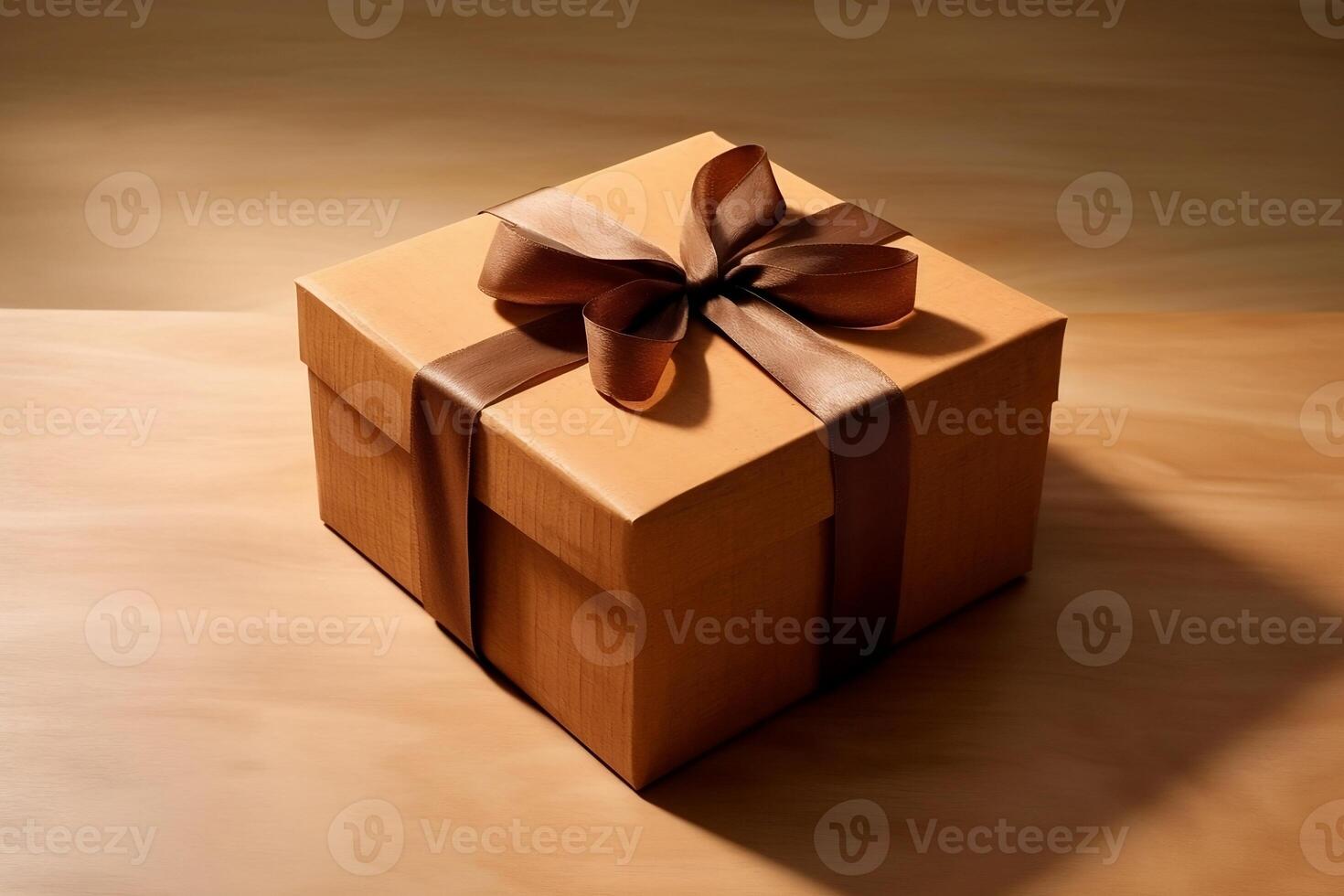 Brown square box with ribbon and bow. photo