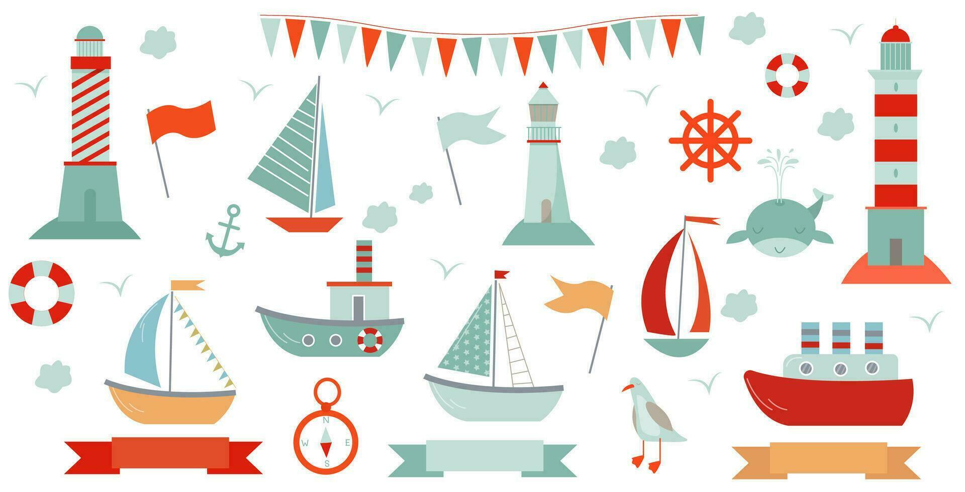 vector cute cartoon set with marine elements as lighthouses, boats, flags