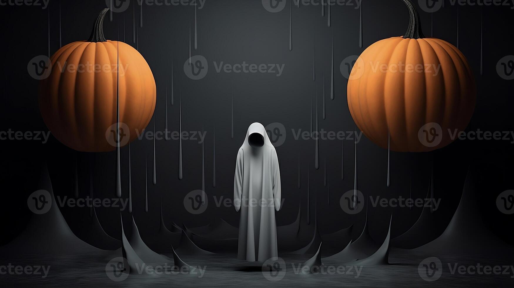 Surreal picture of a silhouette of a man with pumpkins for Halloween. photo