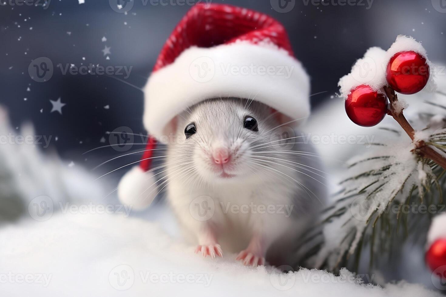 A mouse in a Santa Claus hat near the Christmas tree. photo