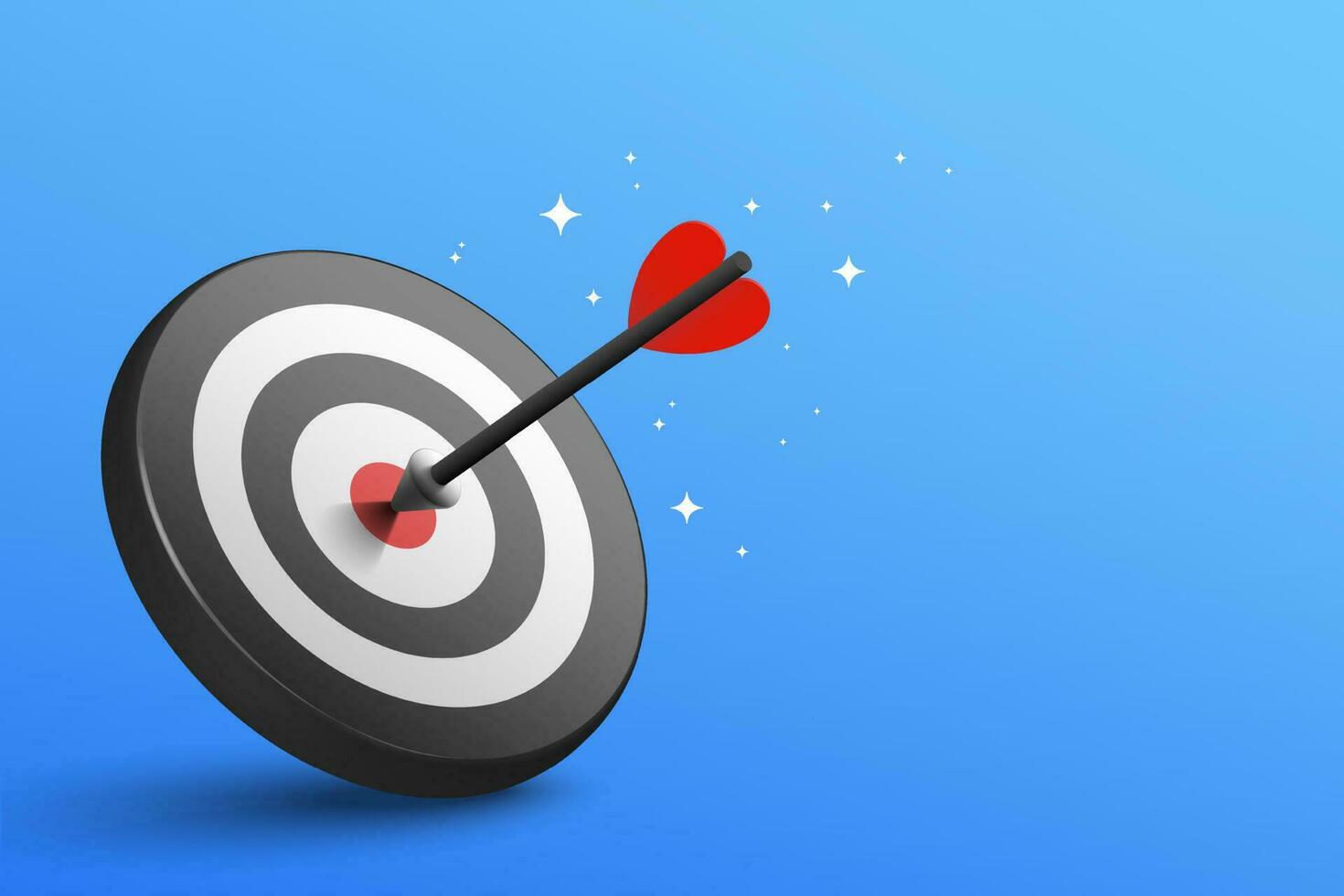 3d black dart hit to center of dartboard. Arrow on bullseye in target. Business success, investment goal, opportunity challenge, aim strategy, achievement focus concept. 3d vector illustration