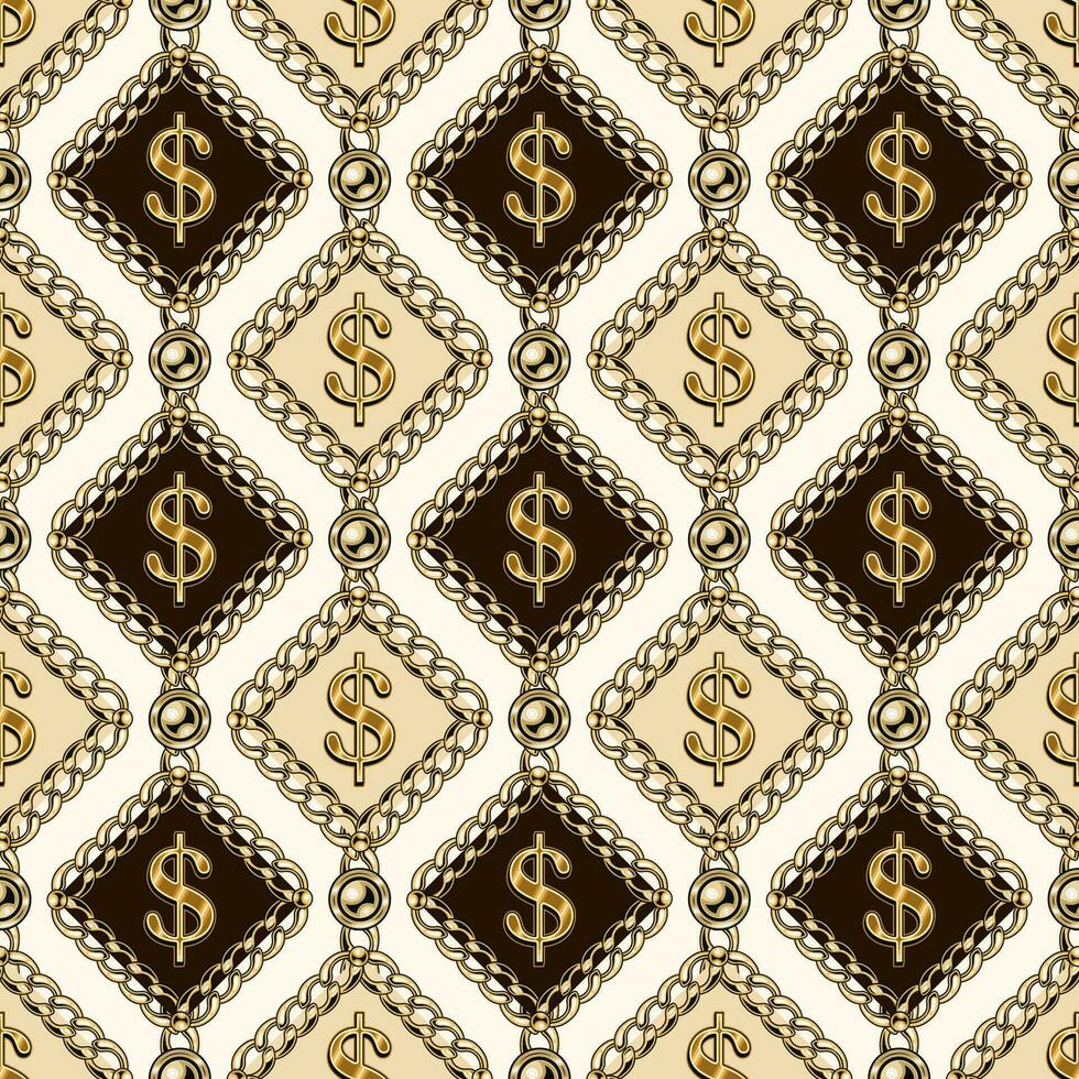 Seamless pattern with gold dollar sign in rhombuses of gold chains, beads. Vertical lined up elements on a beige background. vector