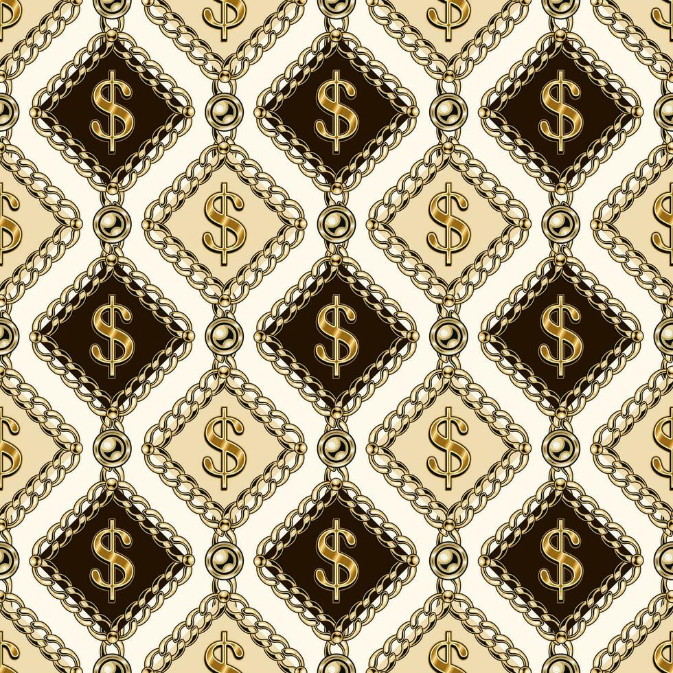 Seamless pattern with gold dollar sign in rhombuses of gold chains, beads. Vertical lined up elements on a beige background. vector