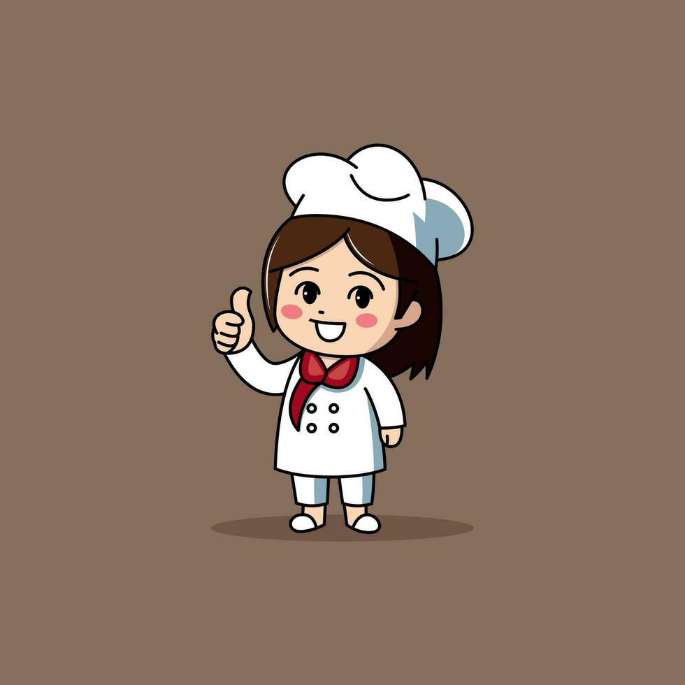 Happy chef girl mascot with thumb up gesture expression simple Vector logo Illustration