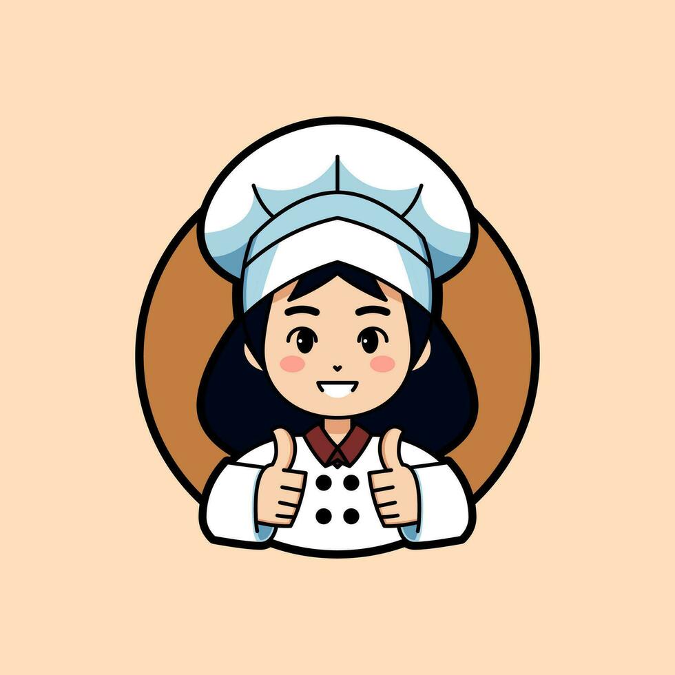 Cute chef girl mascot with thumbs up gesture expression simple Vector logo Illustration