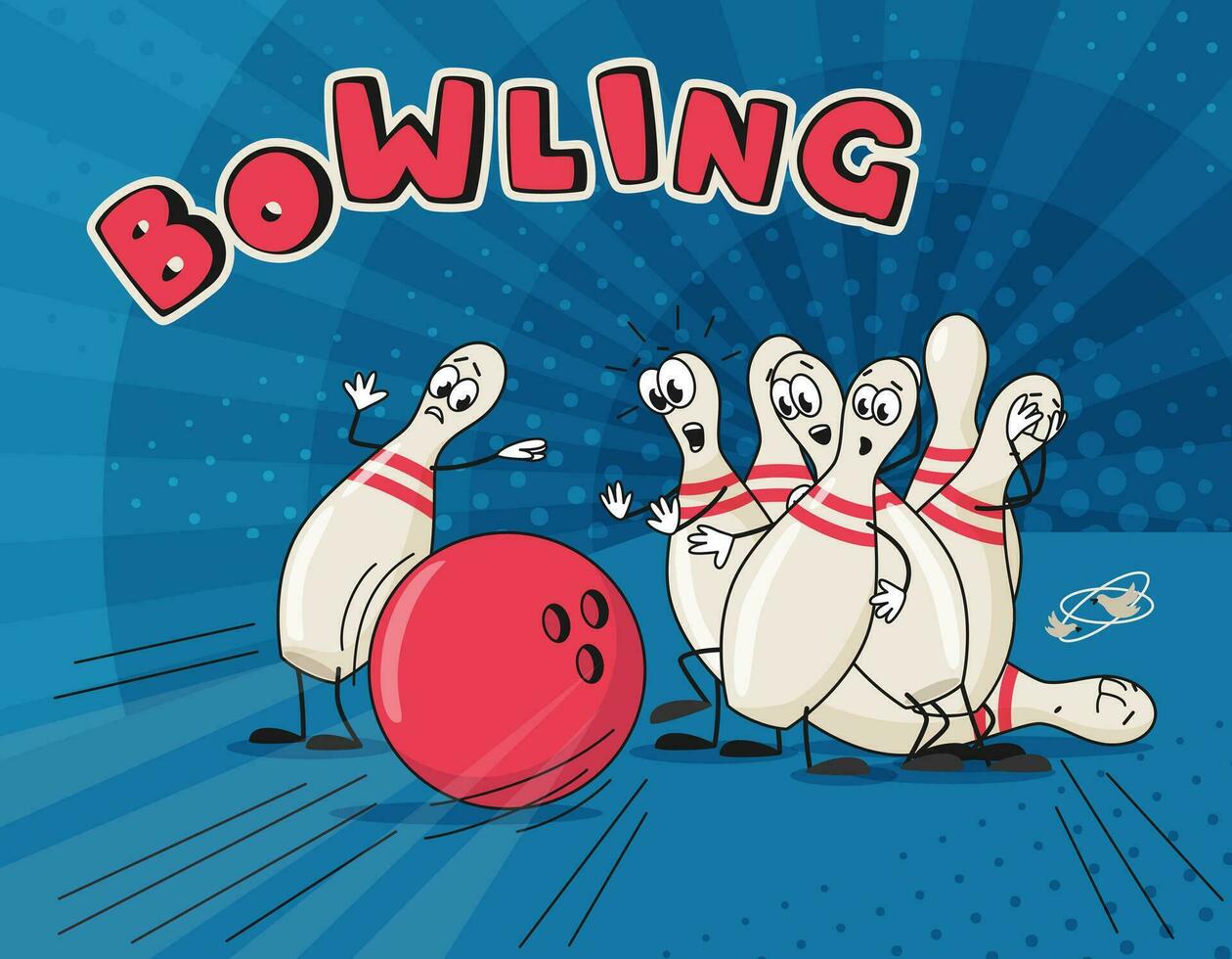Funny vector illustration of a red bowling ball crashes into skittles with eyes and hands on the bowling line. Bowling strike illustration