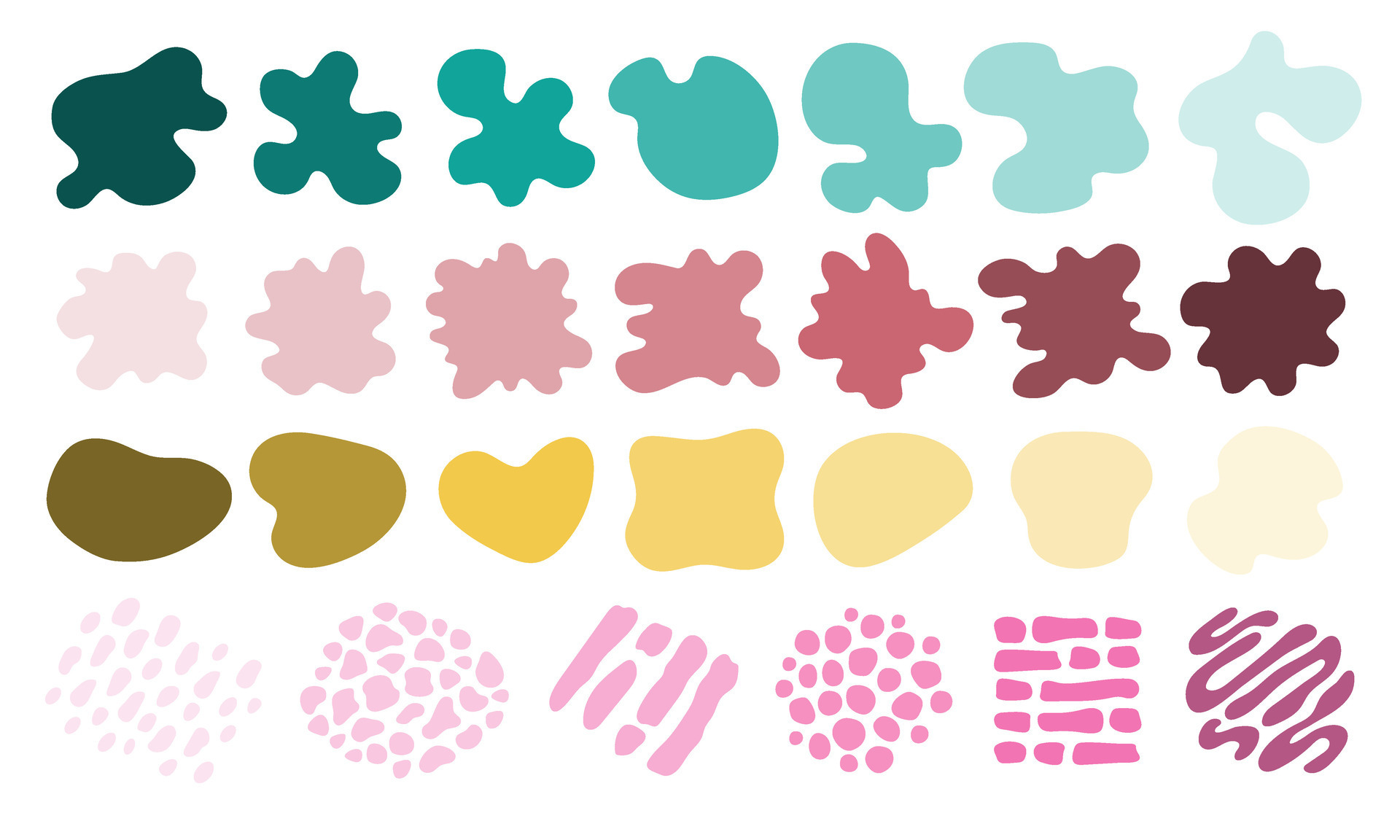 Set of graphic elements of irregular round shape, spots, textures