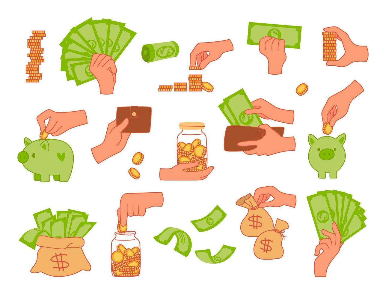 Set of hands with paper money and coins. Cash in hand, money in wallet, coins in piggy bank. Vector flat illustration