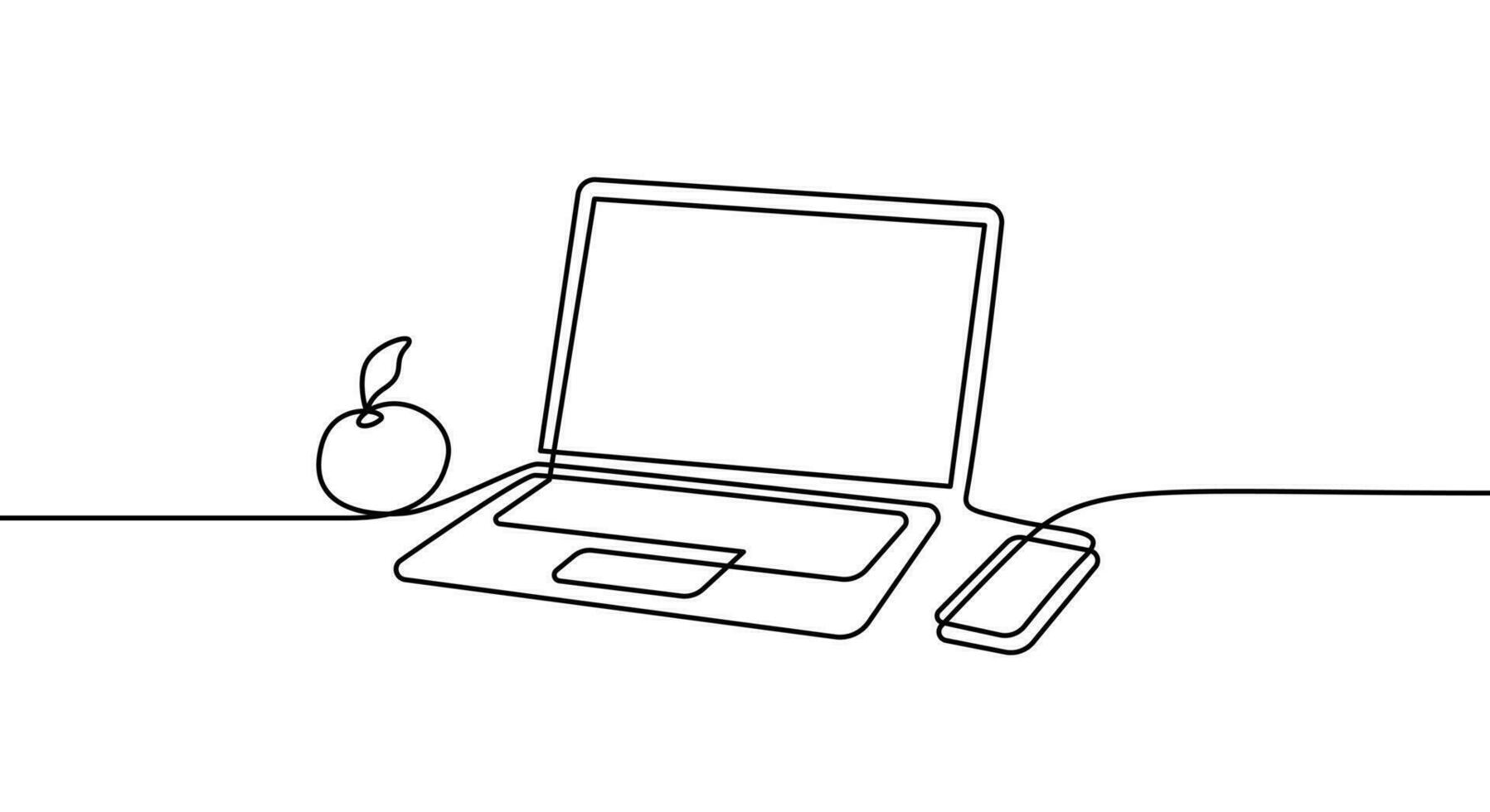 continuo línea dibujo de computadora portátil, manzana y teléfono inteligente ilustración de vector lineal icono