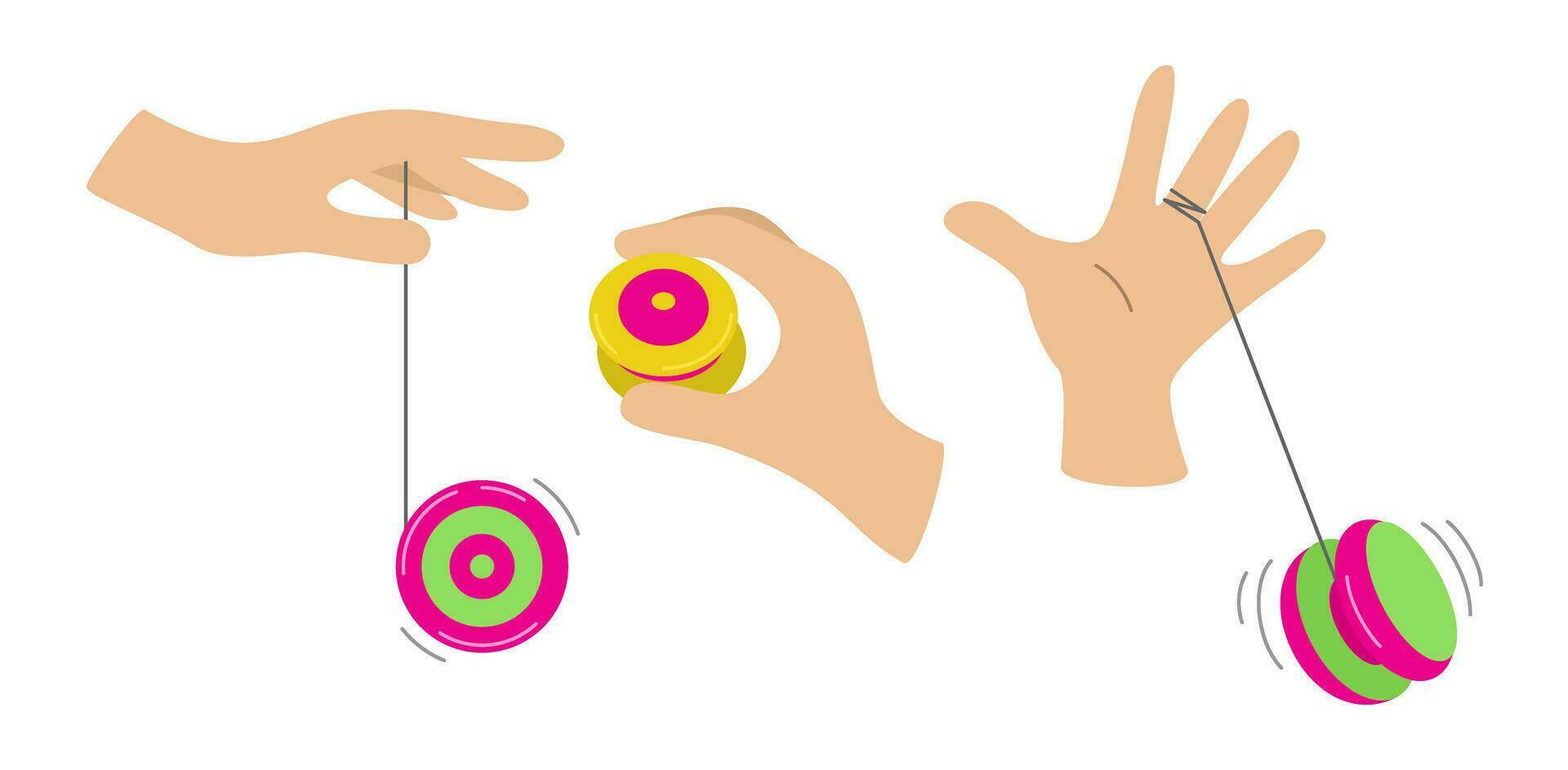 Isolated set of yo-yo toys in hand on a white background. Playing with a toy. Fun and play. Vector flat illustration