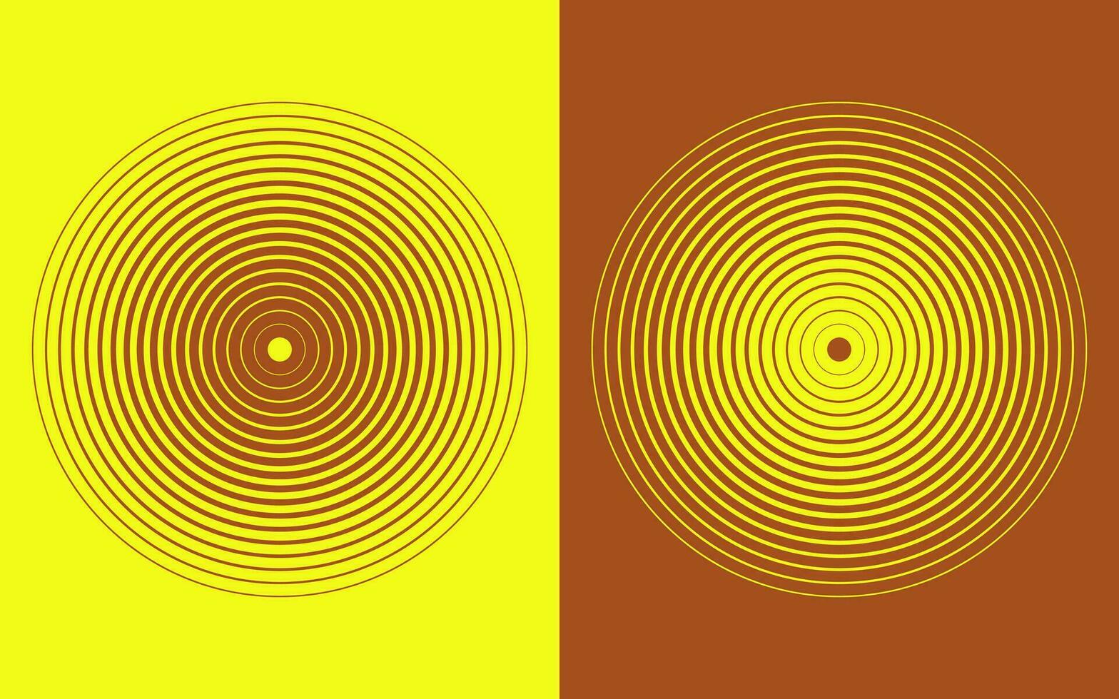 Yellow and brown hypnotic concentric spiral circles logos background. Halftone circle sound wave pattern. Vector illustration.