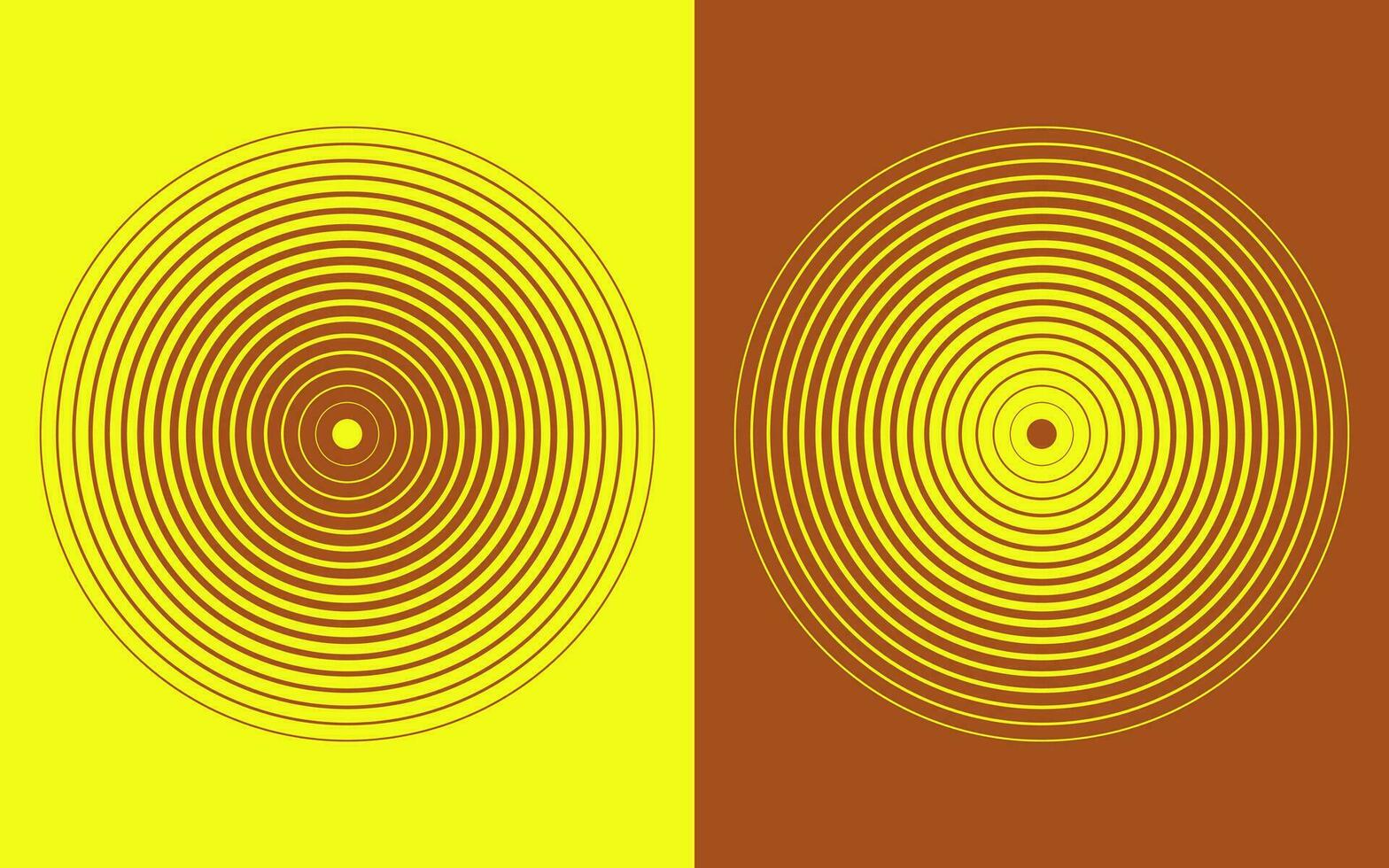 Yellow and brown hypnotic concentric spiral circles logos background. Halftone circle sound wave pattern. Vector illustration.