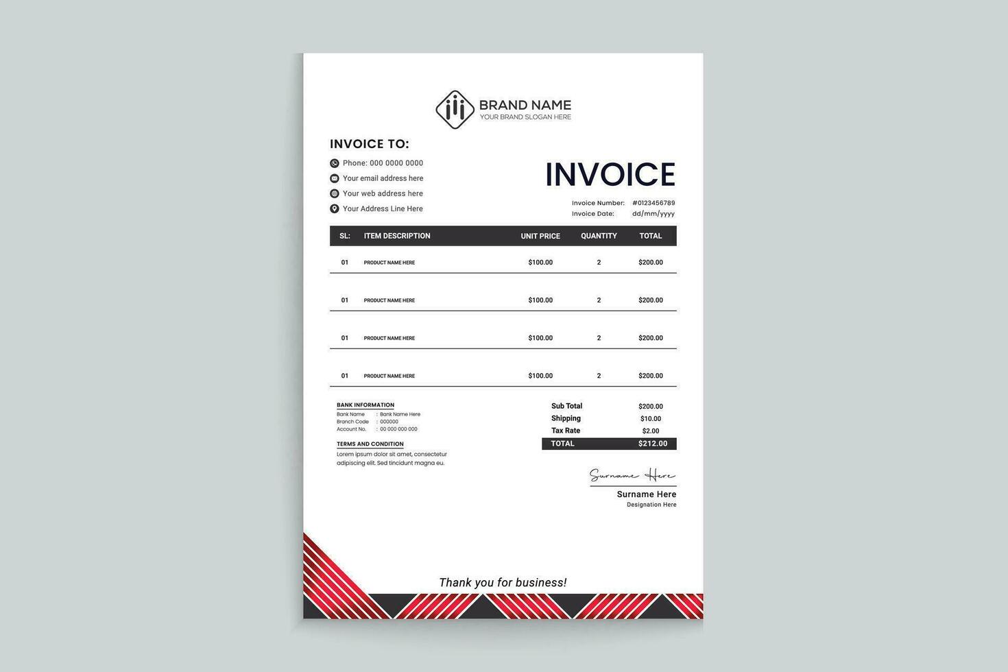 Red and black color invoice design vector