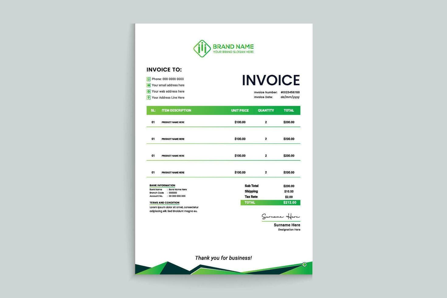 Company invoice design and green color vector