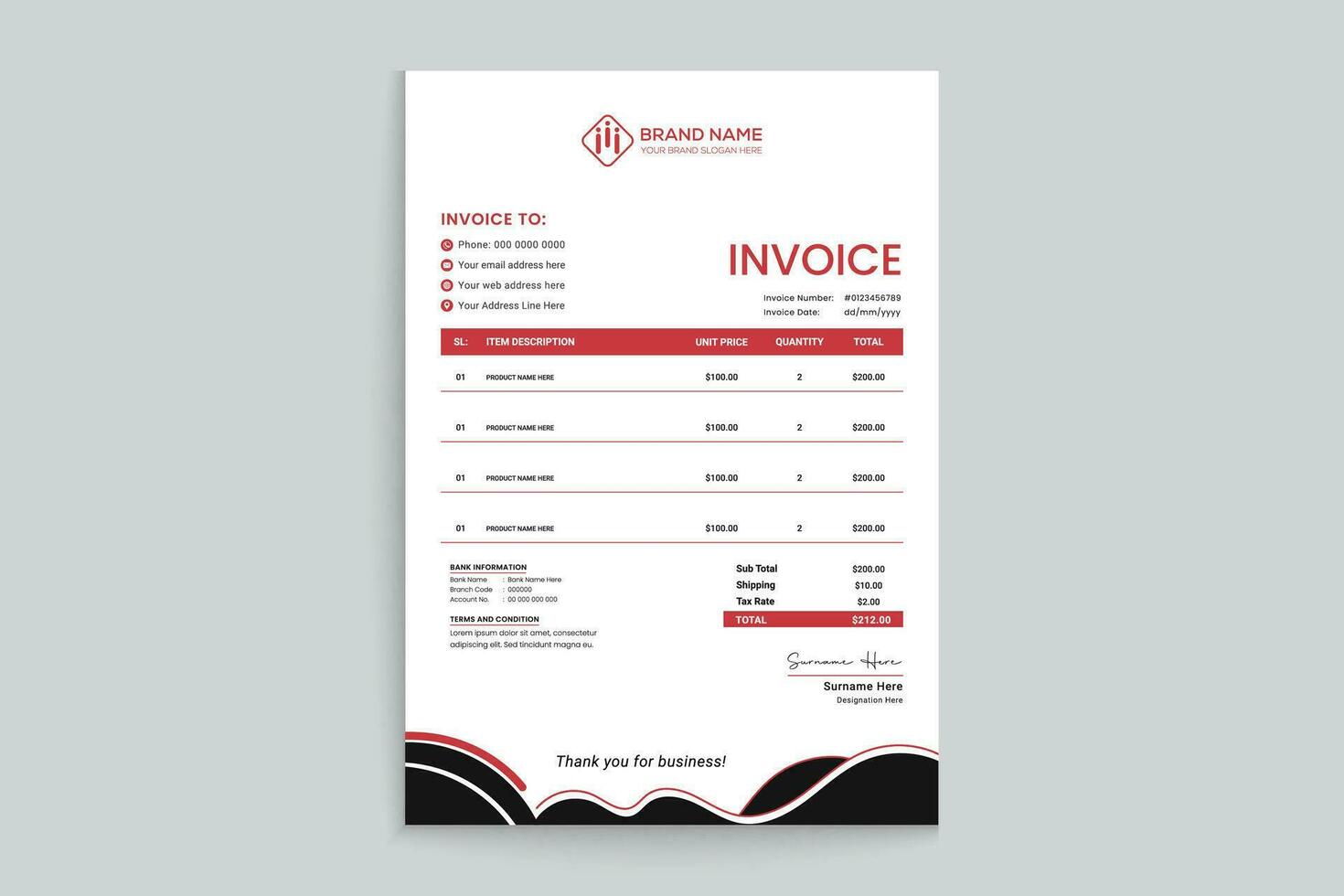 Red and black color invoice design vector