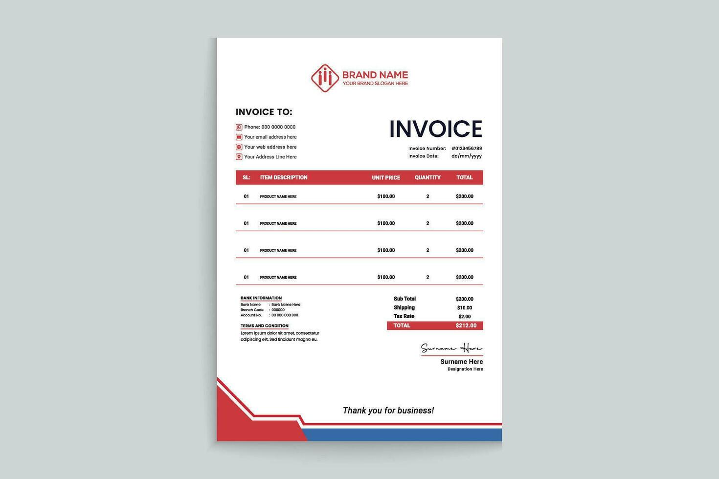 red color shape  corporate invoice design vector