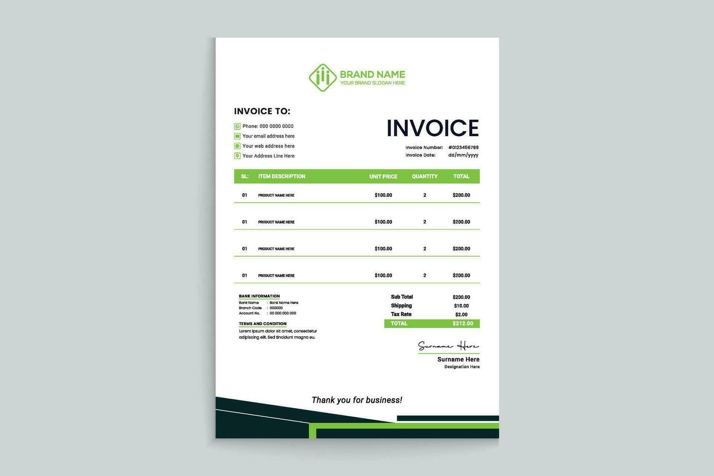 green elegant corporate invoice design vector