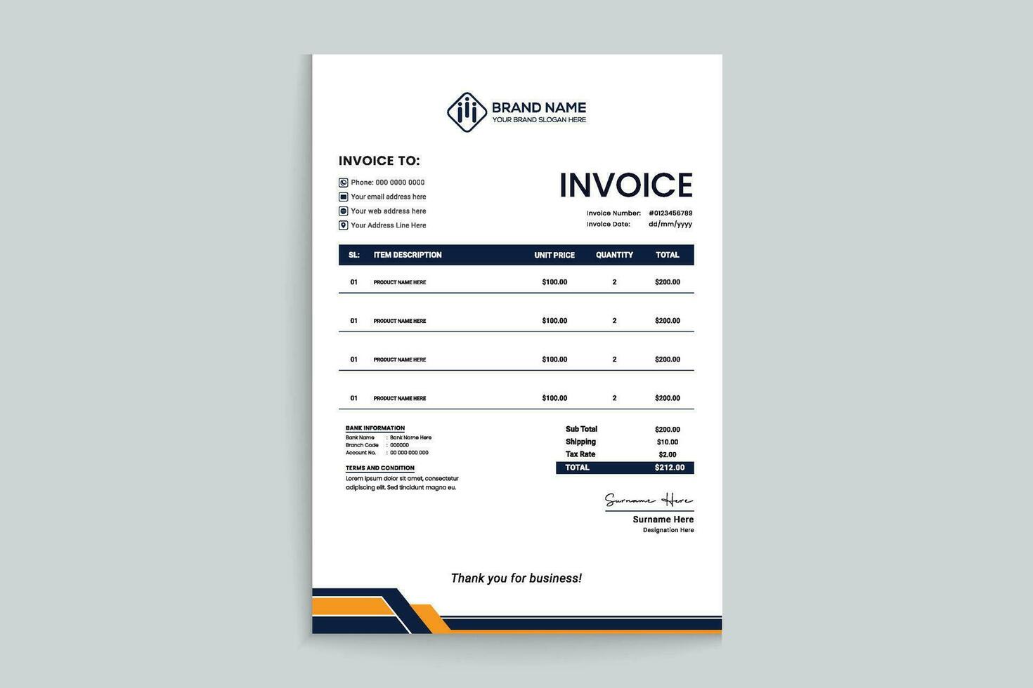 Orange elegant corporate invoice design vector