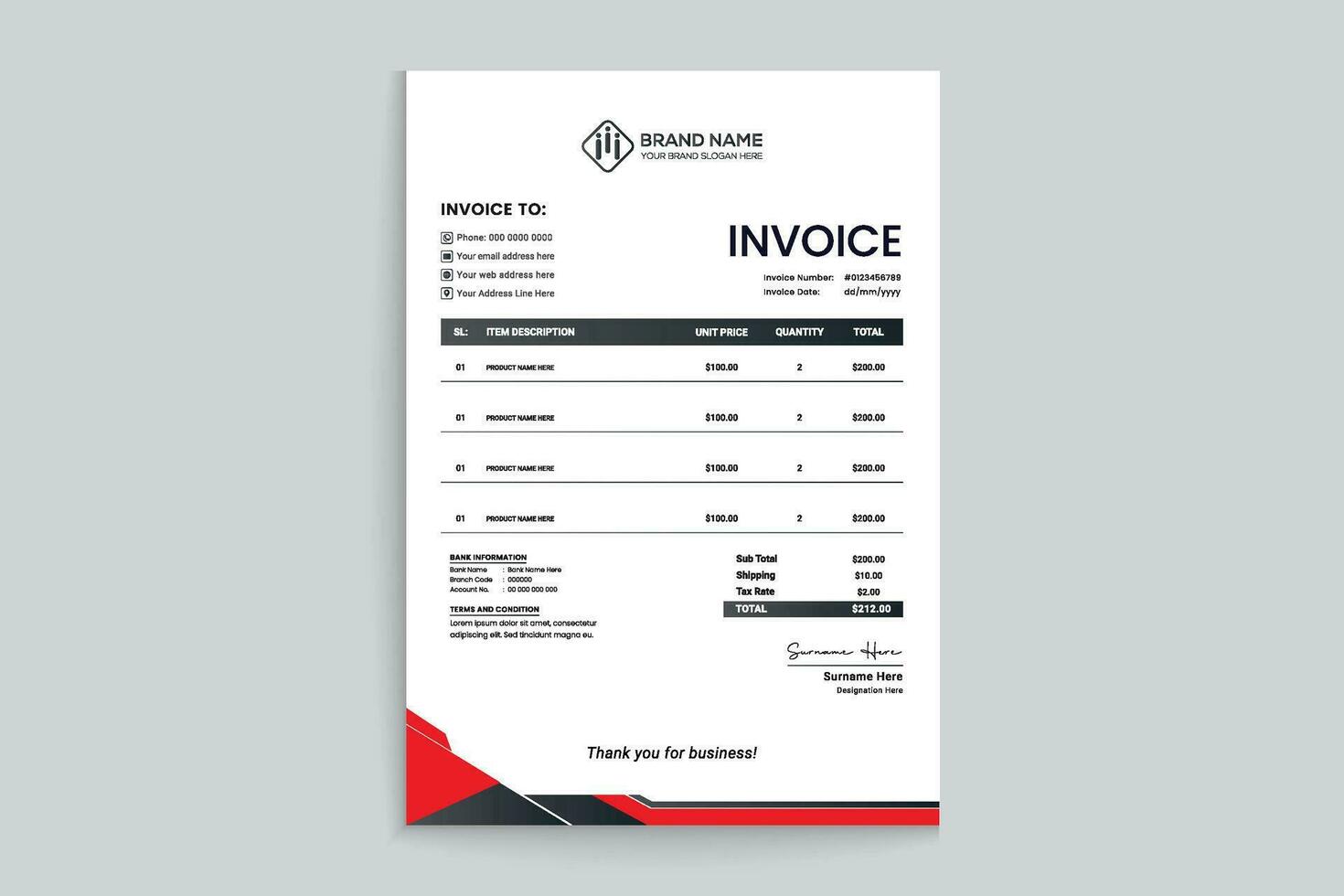 Red color invoice design vector
