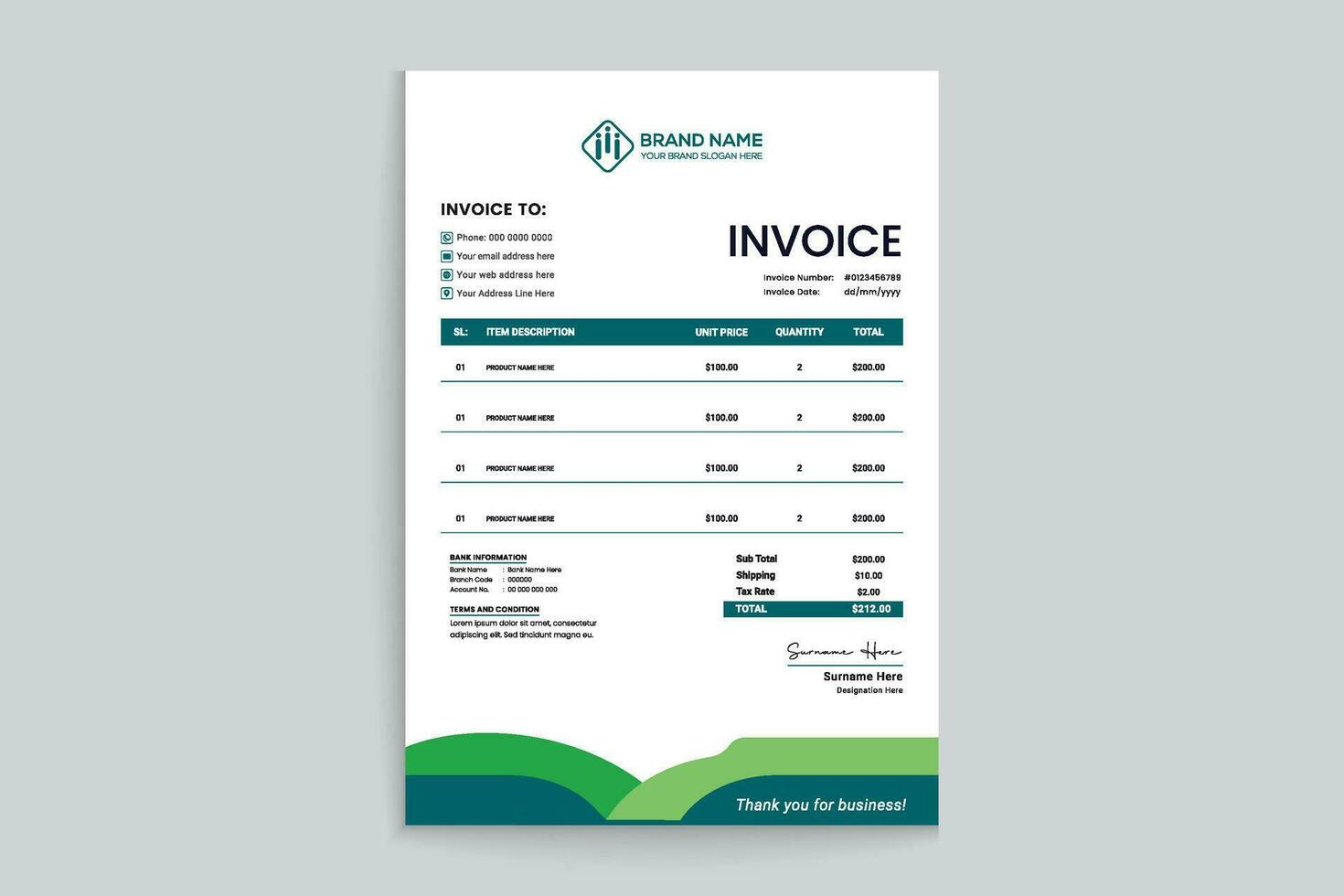 green elegant corporate invoice design vector