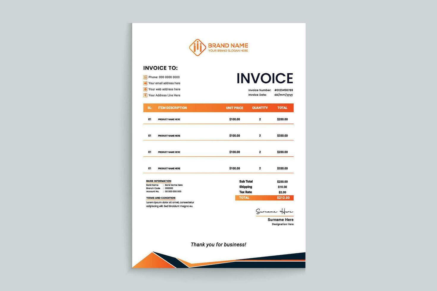 Orange elegant corporate invoice design vector
