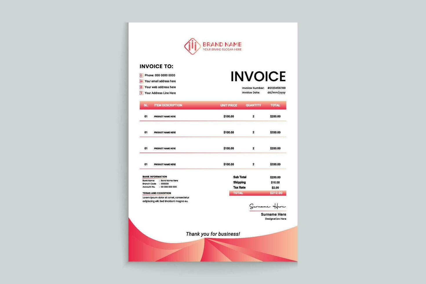 Gradient color invoice template vector