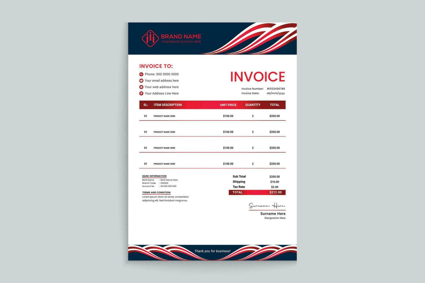 Red and black color invoice design vector