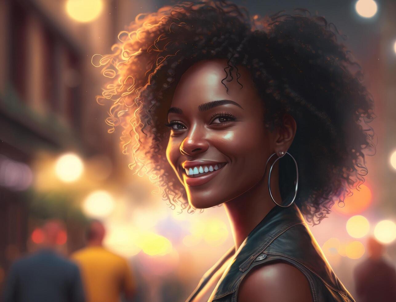 Black woman, happy in portrait with fashion and beauty outdoor, street style with natural hair, makeup and jewelry. Freedom, happiness and mockup with afro, person with mindset and glow. Generative AI photo