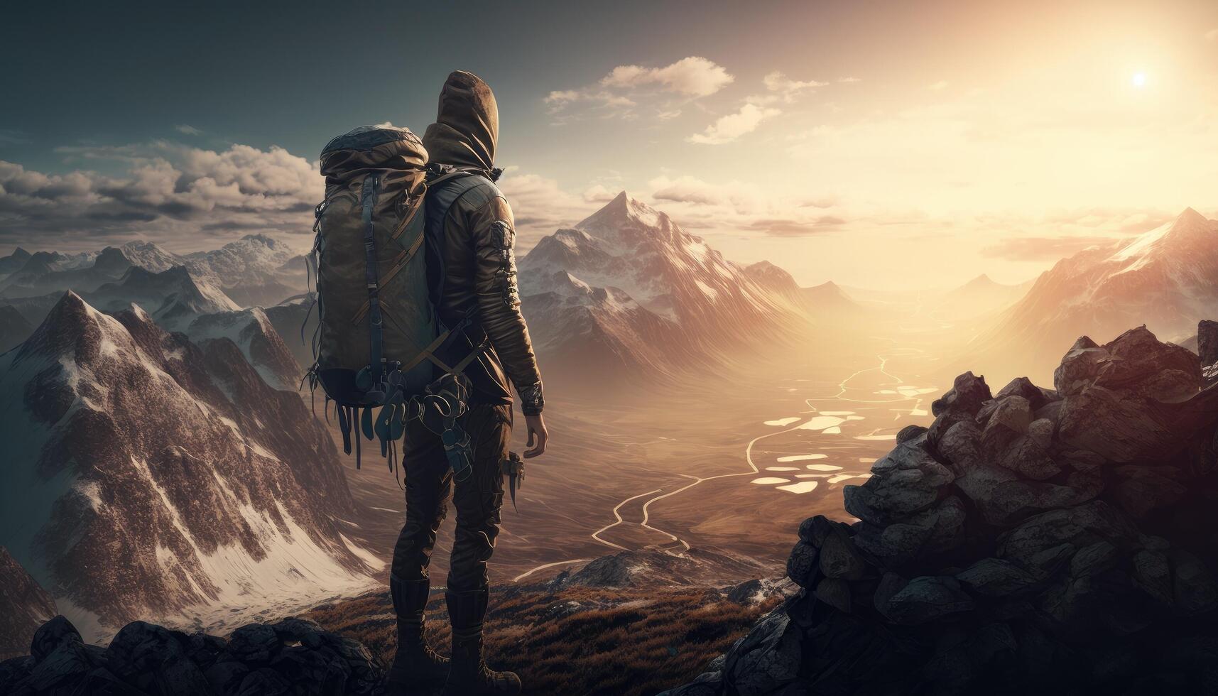 A person standing at the top of a mountain, overlooking a breathtaking landscape, sunny summer morning. photo