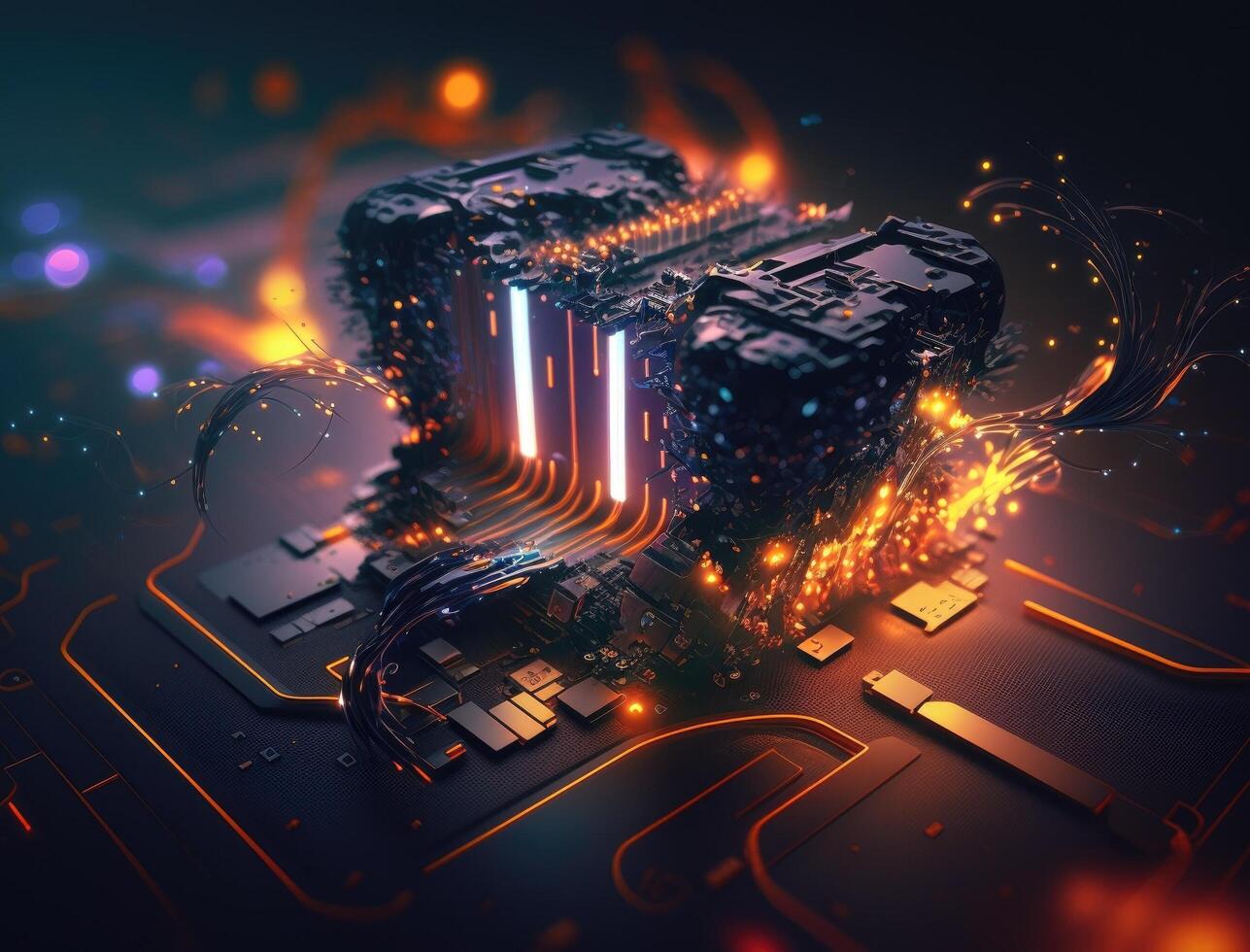 Abstract technology chip processor background circuit board and html code,3D illustration blue technology background. photo