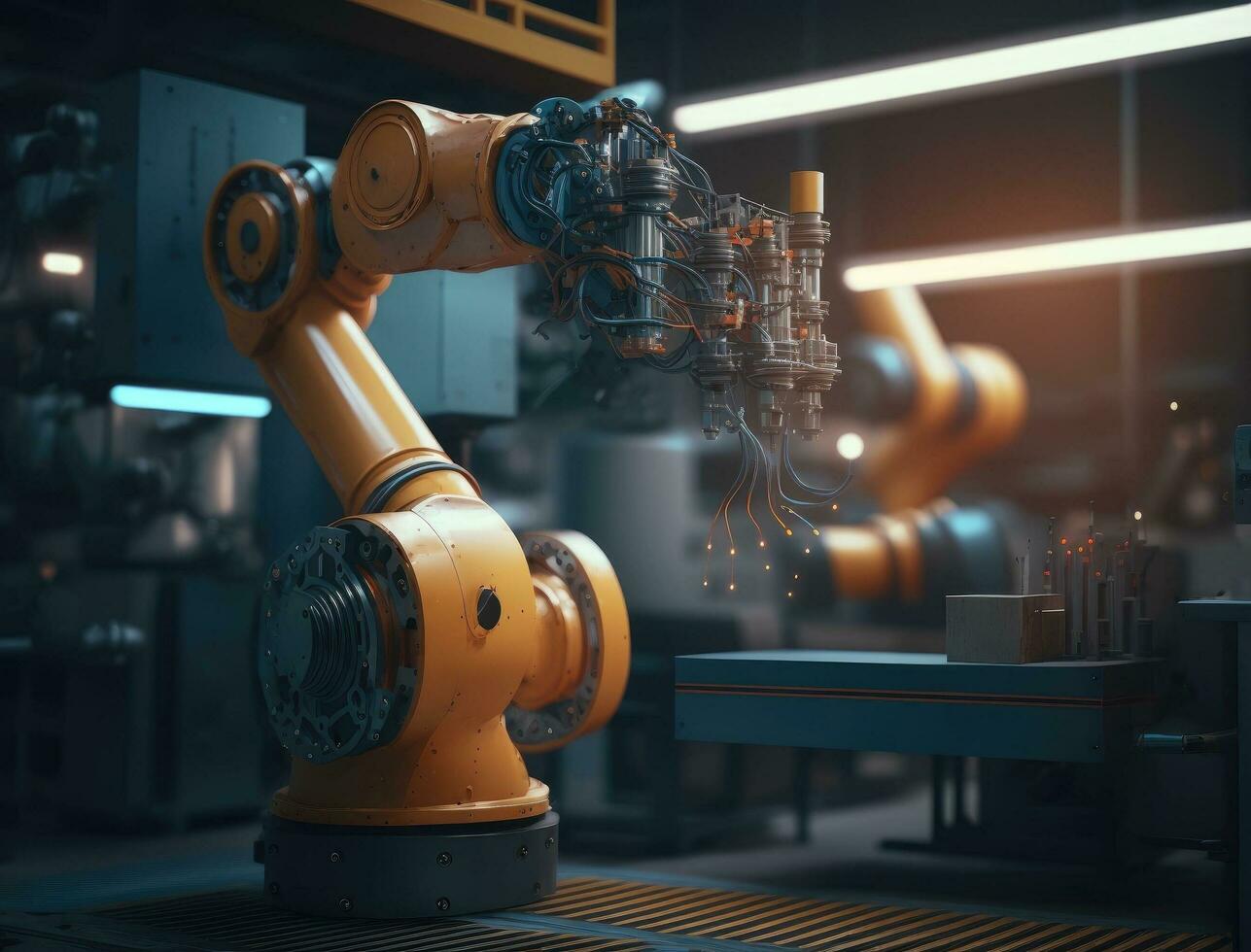 Robotics Industry Four Engineering Facility Robot Arm Moving at Different Directions. High Tech Industrial Technology photo