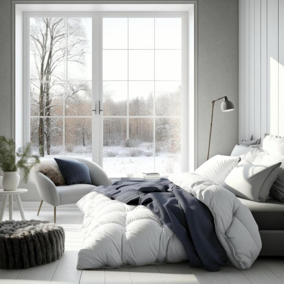 Stylish room interior with big comfortable bed in scandinavian style. Generative AI photo