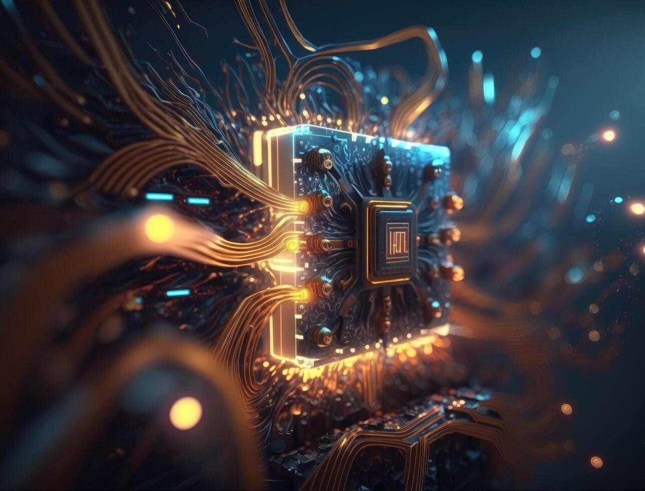Technological background of the orange and blue technology image circuit board and html code. Can be used in the description of technological processes, science, education. 3d rendering. photo