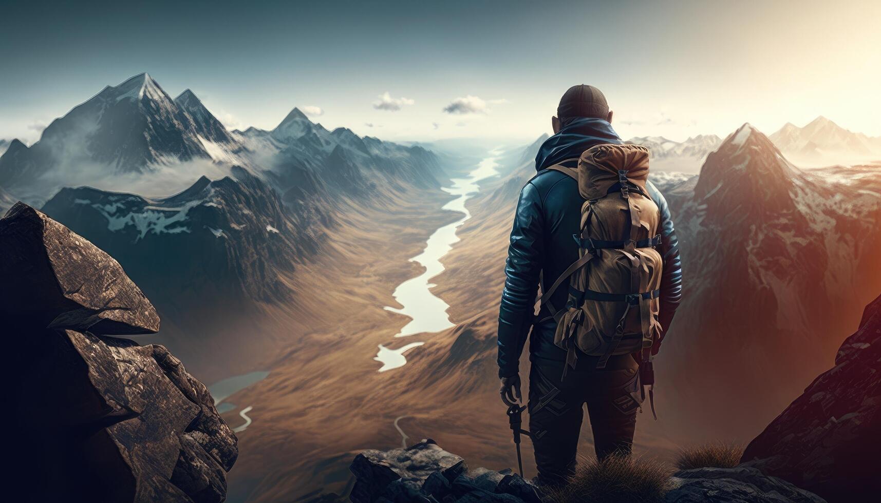 A person standing at the top of a mountain, overlooking a breathtaking landscape, sunny summer morning. photo