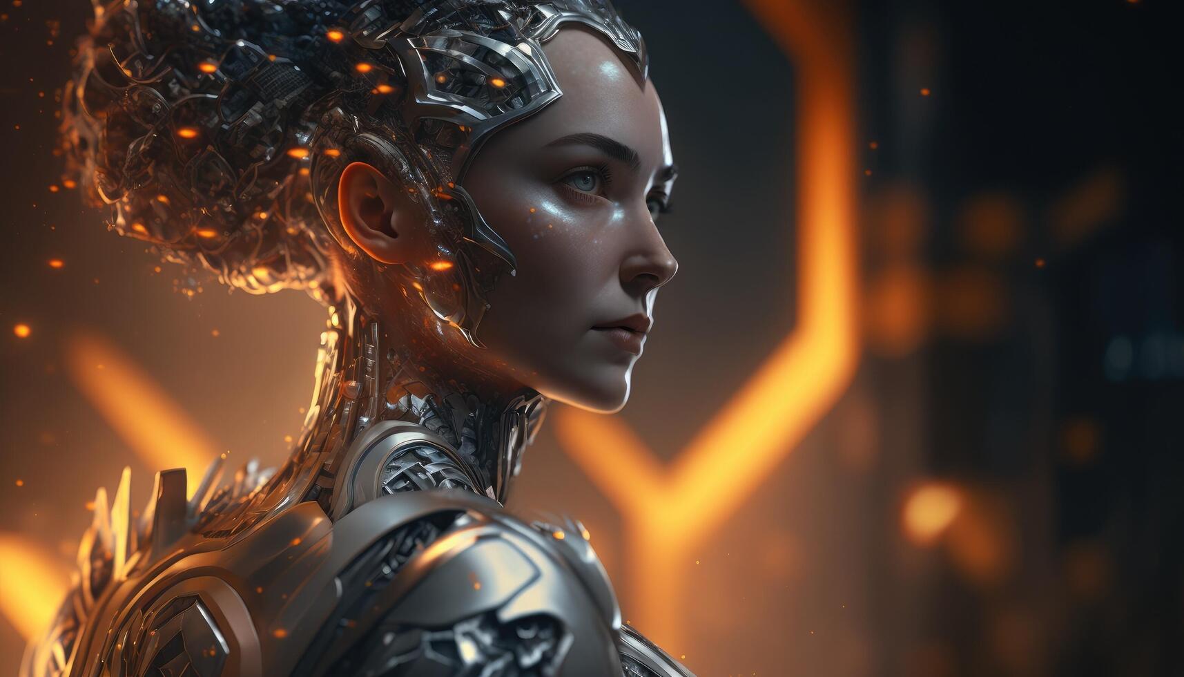 Modern futuristic female humanoid robot with metal outfit. concept of artificial intelligence or AI, shape of a woman. photo