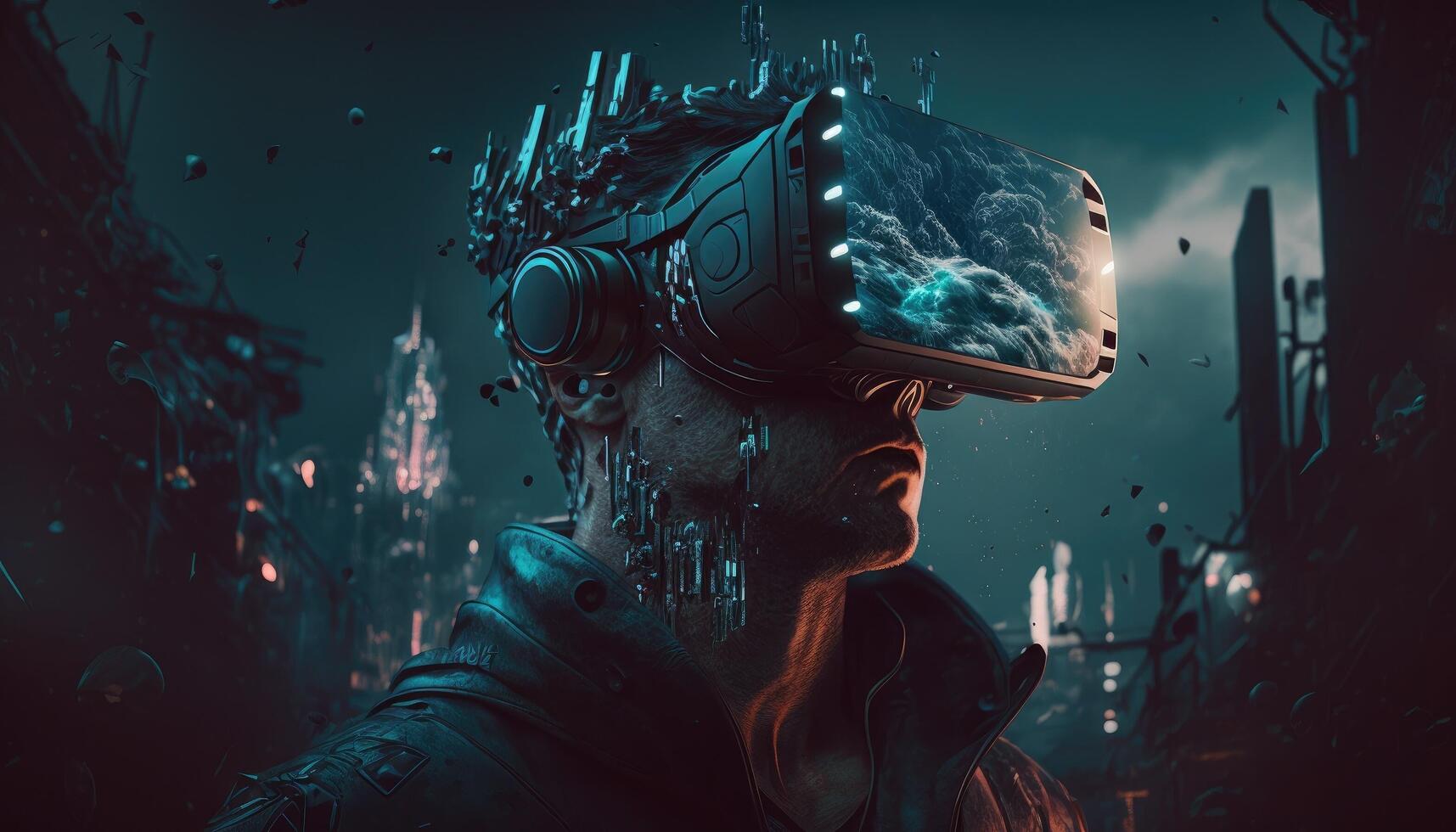 VR and AR technology futuristic concept. Man wearing 3d VR headset glasses looks up in cyberspace of metaverse. photo