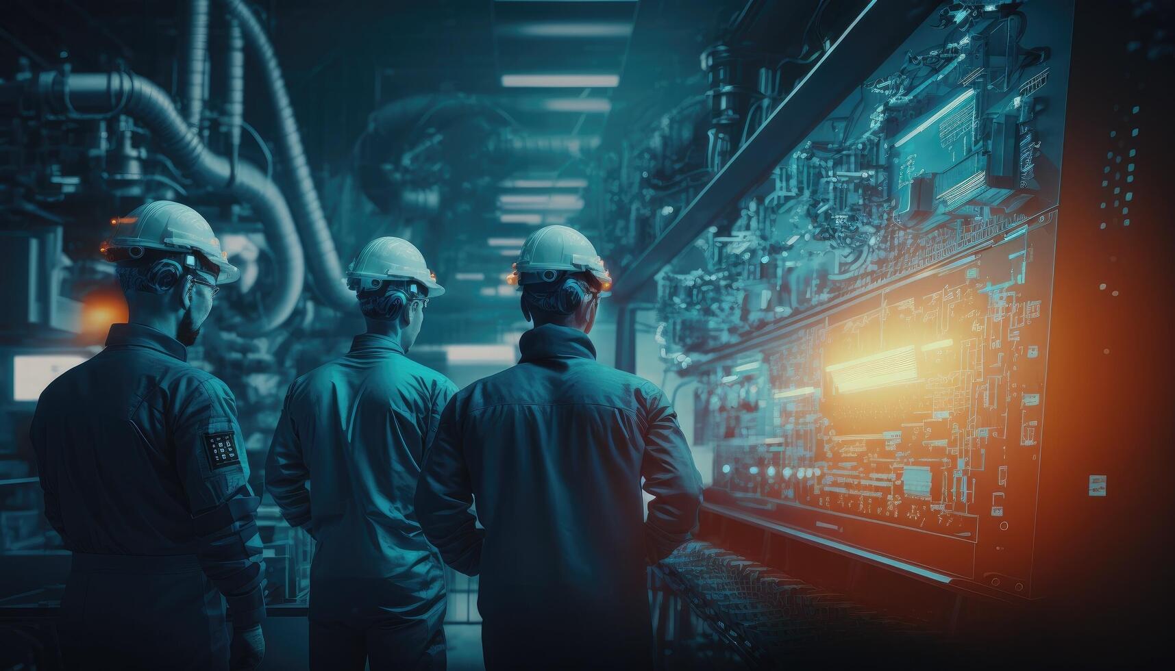 Professionals Workers in Heavy Industry Manufacturing Factory that is Digitalized with Graphics into Digital Twin of Industry 4.0 High Tech. photo