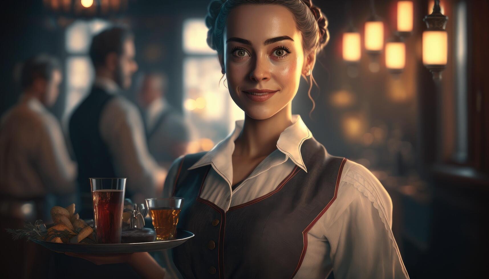 Sparkle with a refreshing glass of classy champagne. Friendly waitress holding up a tray of champagne glasses in her hands at a celebration party. photo