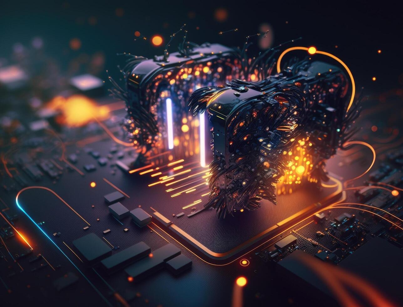 Technological background of the orange and blue technology image circuit board and html code. Can be used in the description of technological processes, science, education. 3d rendering. photo