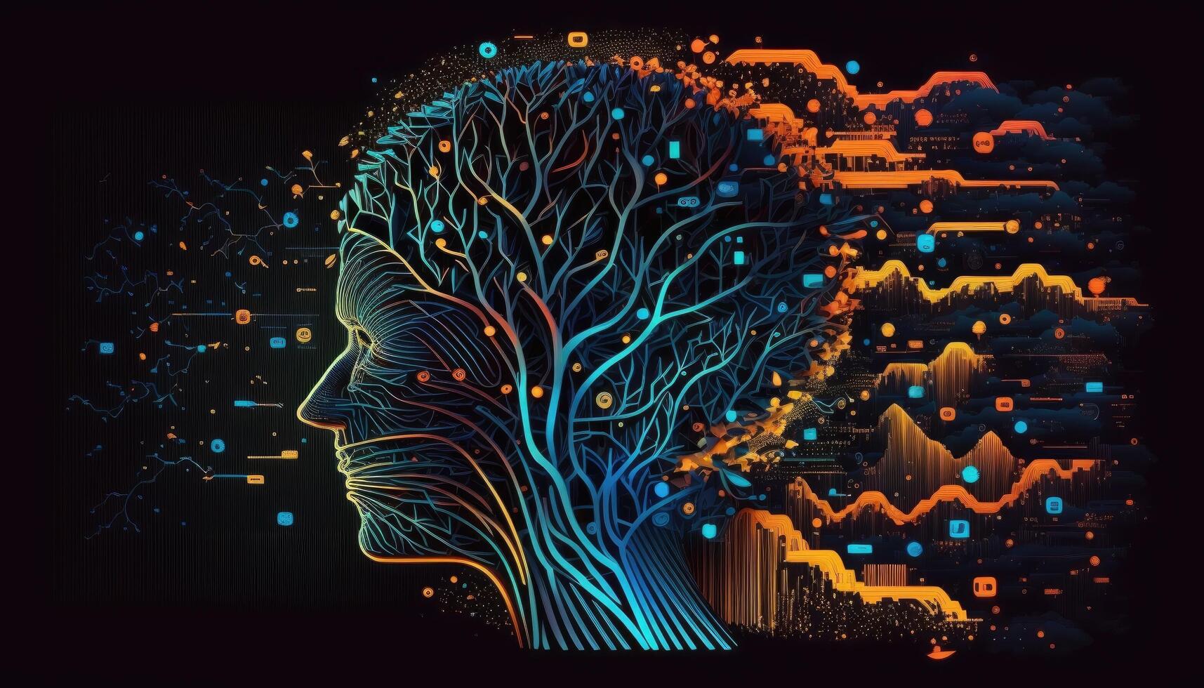 Circuit board in shape electronic brain. Symbol of computer neural networks or artificial intelligence in neon cyberspace with glowing title on palm scientist. photo