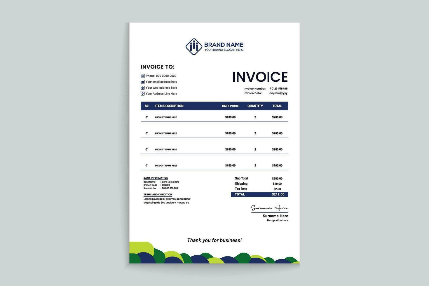 Company invoice design and green color vector
