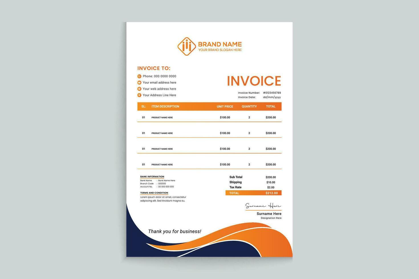 Orange elegant corporate invoice design vector
