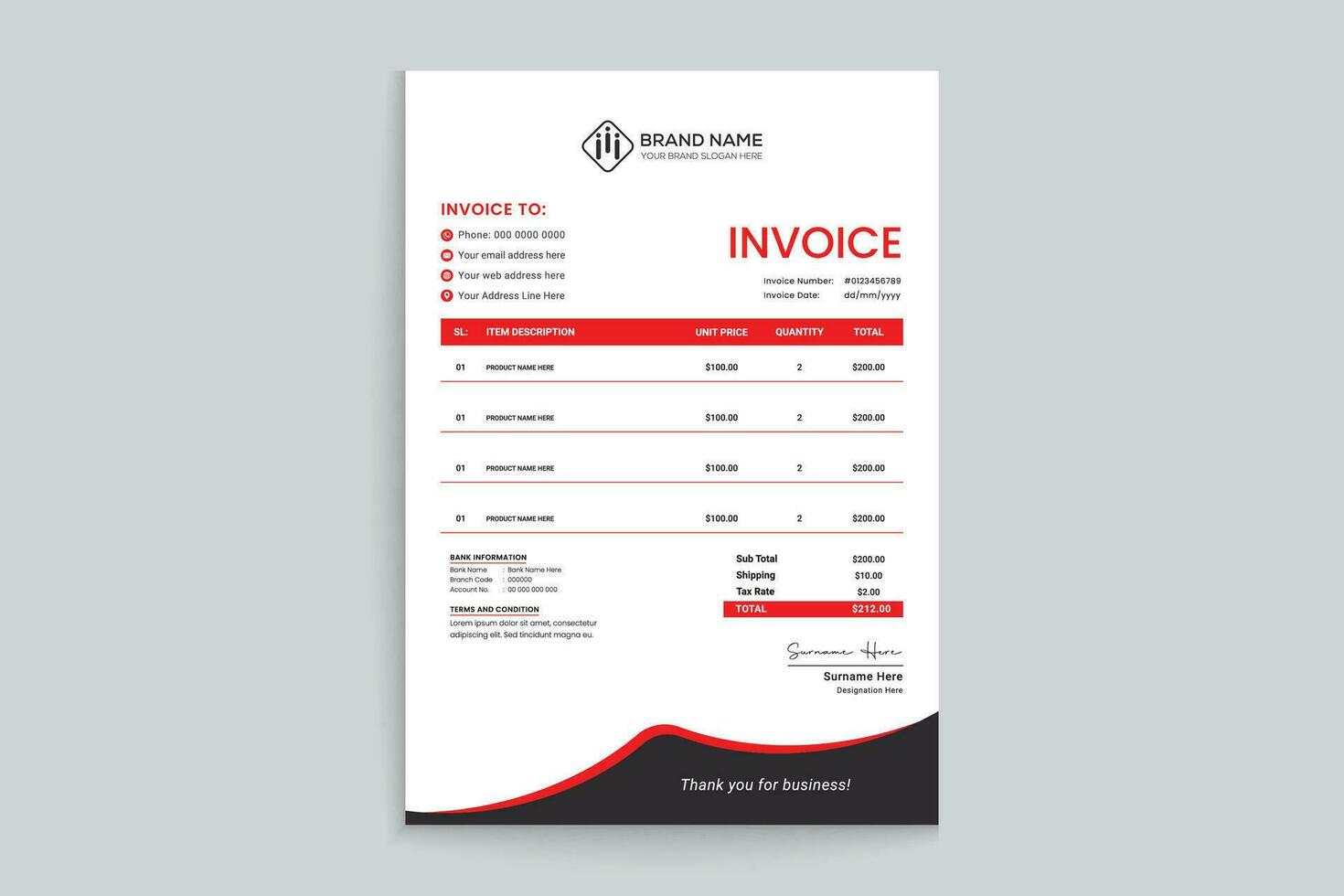 Red and black color invoice design vector