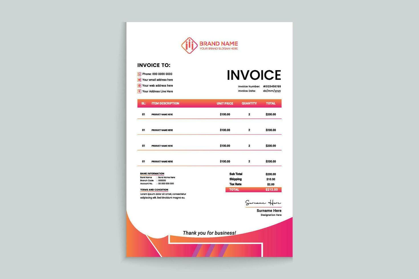 Gradient color invoice template vector