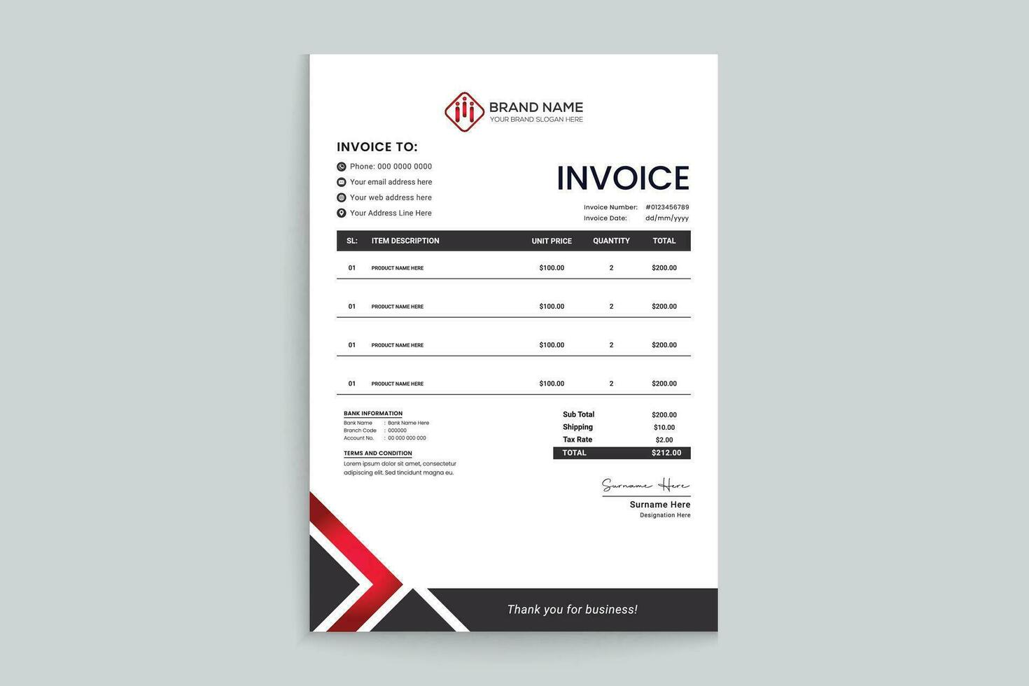 Red and black color invoice design vector