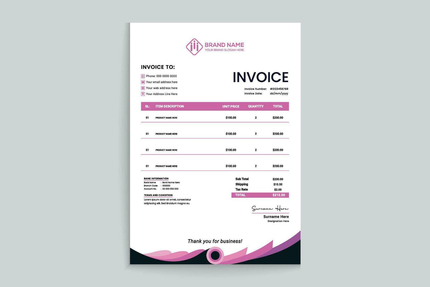 pink shape invoice design vector