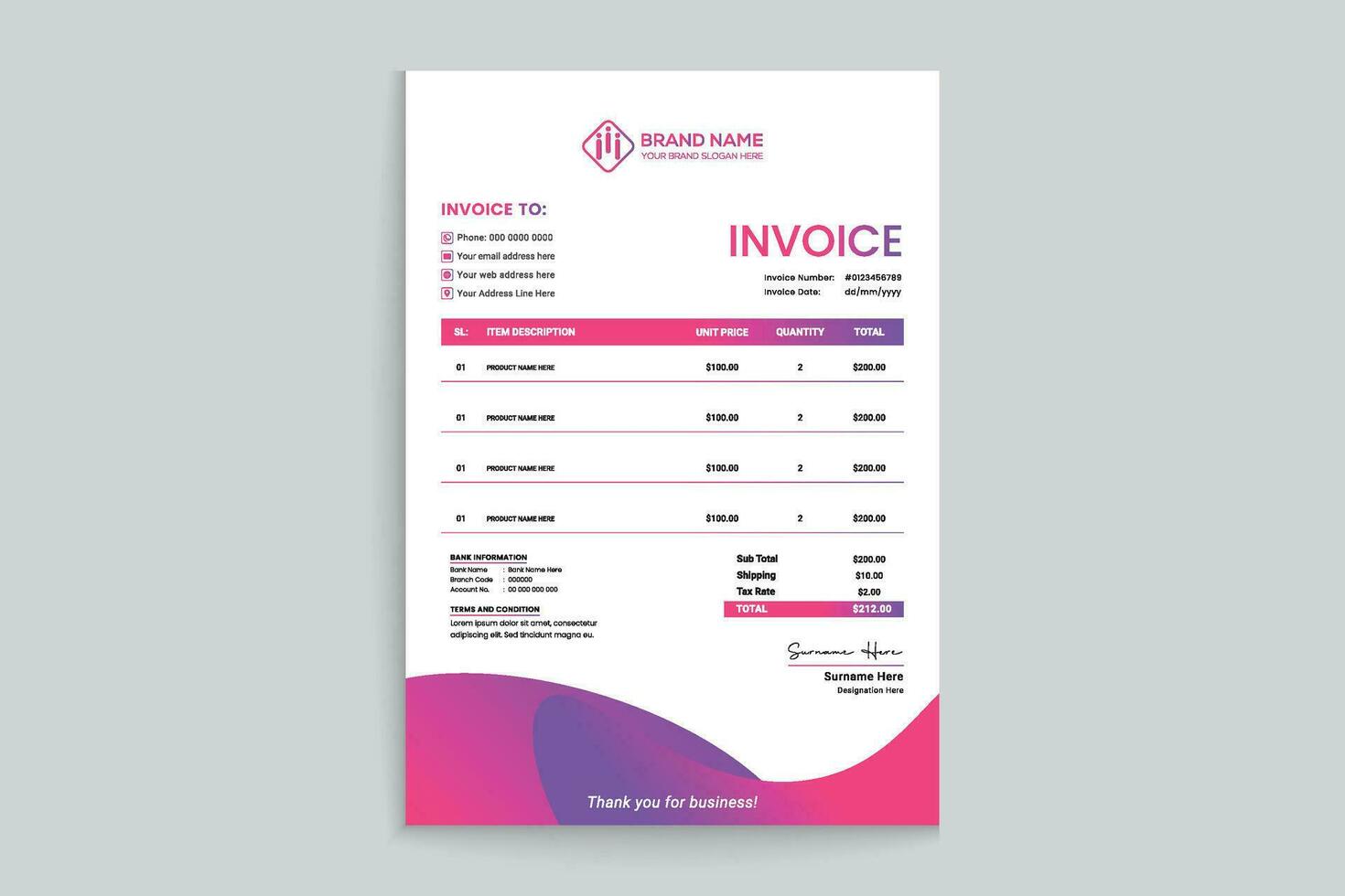 Gradient color invoice template vector