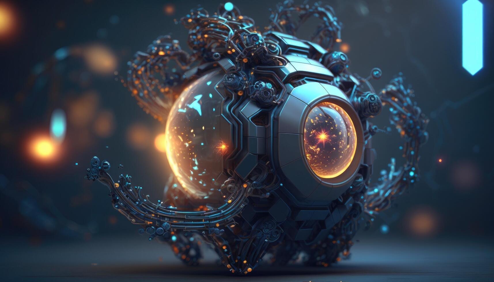 The Mechanical brain of the robot. Artificial intelligence. Mechanical electronic part of the robot head in the style of cyber punk or steam punk vintage. Front view. photo